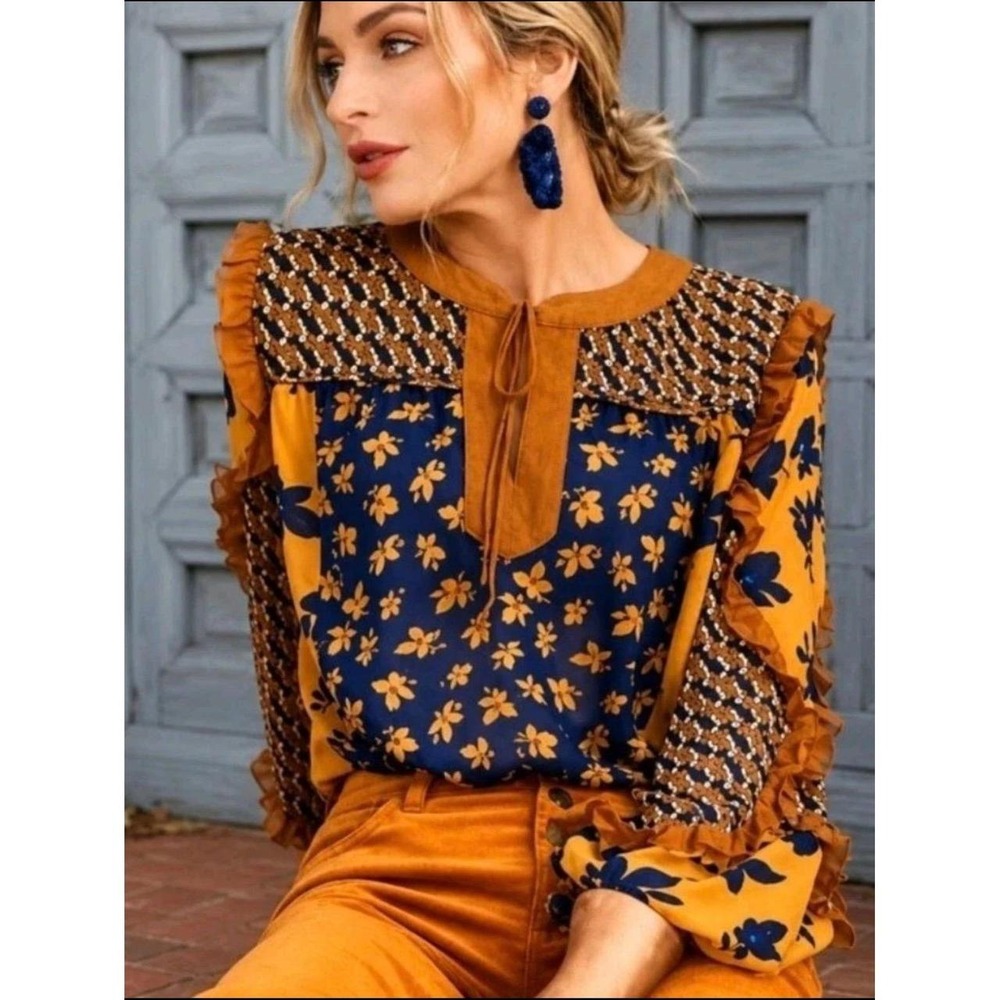 Cabi Harmony Floral Mustard Navy Tie Up Balloon Ruffle Sleeve Sheer Blouse